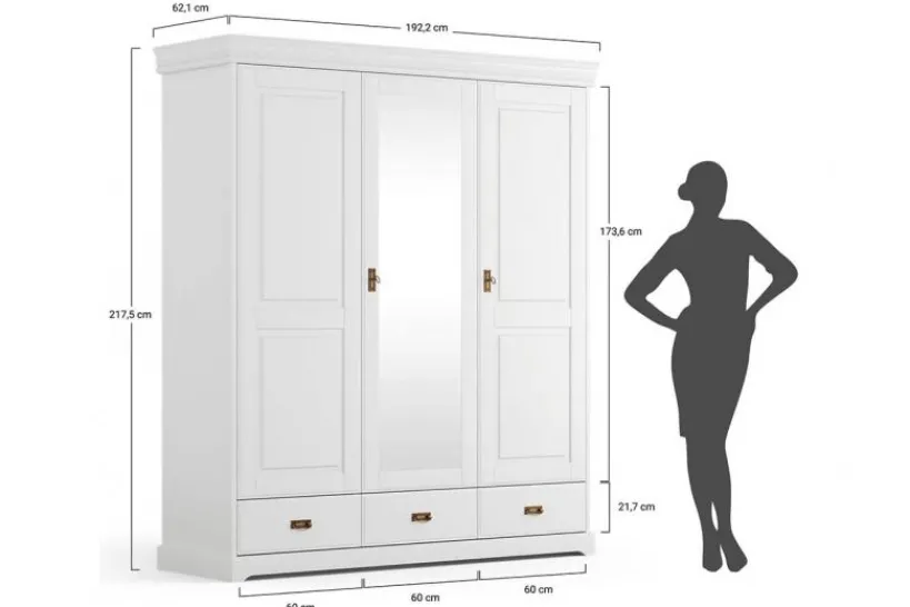 Arrediorg Armadio legno massello 3 ante con specchio bianco e miele toscano shabby