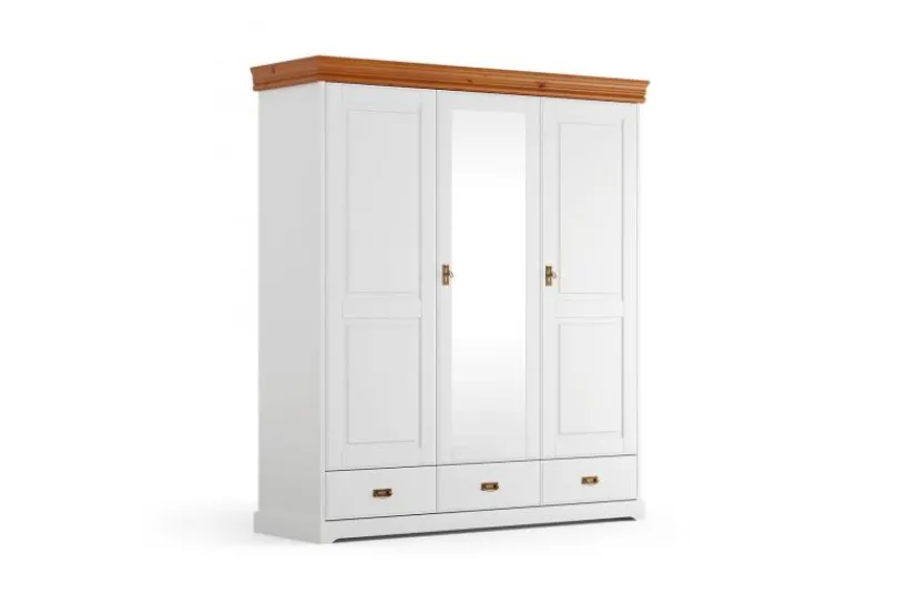 Arrediorg Armadio legno massello 3 ante con specchio bianco e miele toscano shabby