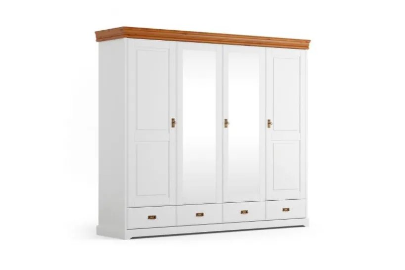 Arrediorg Armadio legno massello bianco top miele 4 ante specchi shabby toscano